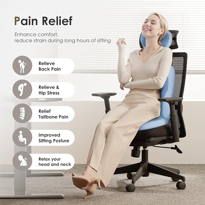 FLORICH 3 PCS Seat Cushion for Carseat Lumbar Support Pillow Car Neck Headrest Pillows Ultrathick Memory Foam Seat Pads Pressure Relief Back Cushion for Office Chair(Dark Blue)