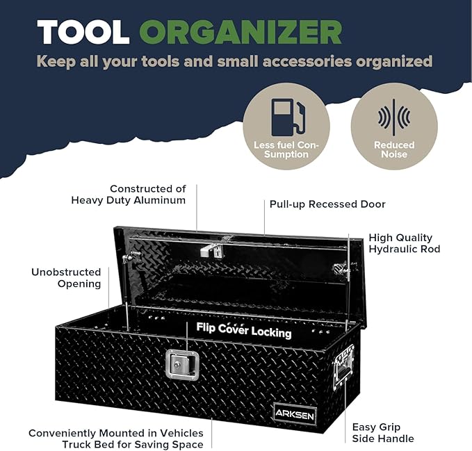 ARKSEN 39 x 13 x 10 Inch Diamond Plate Truck Bed Tool Box, Heavy Duty Waterproof Aluminum Toolboxes Storage Chest with Side Handle & Lock for Pickup Truck Bed, RV & Trailer – Black