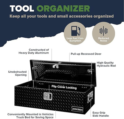 ARKSEN 39 x 13 x 10 Inch Diamond Plate Truck Bed Tool Box, Heavy Duty Waterproof Aluminum Toolboxes Storage Chest with Side Handle & Lock for Pickup Truck Bed, RV & Trailer – Black