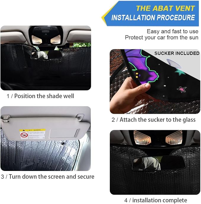 Neon Bats Moons Stars Windshield Sun Shade for Car Auto SUV Truck Foldable Front Window Sunshade Sun Visor Protector Block UV Rays Reflect Heat, 55" x 28"