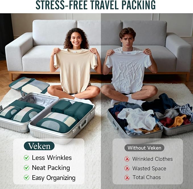 Veken 8 Set Packing Cubes for Travel Essentials,Anti-Wrinkle Buckled Suitcase Organizer for Shoe & Toiletry Bag,Carry On Luggage Bag with 99+ Count Mesh Holes for Airplane & College Dorm Accessories