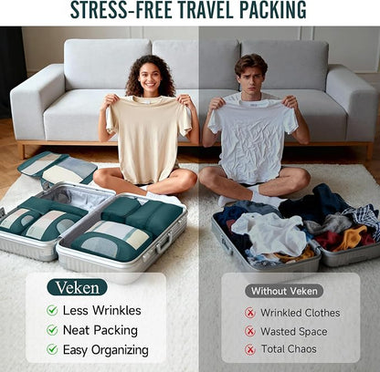Veken 8 Set Packing Cubes for Travel Essentials,Anti-Wrinkle Buckled Suitcase Organizer for Shoe & Toiletry Bag,Carry On Luggage Bag with 99+ Count Mesh Holes for Airplane & College Dorm Accessories