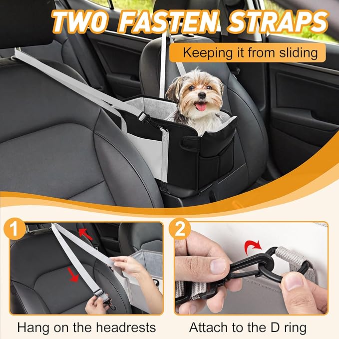 Portable Dog Car Seat for Small Dogs, Booster Seat with Safety Leash & Washable Cushion, Pet Car Seat with Adjustable Straps for Travel - Black&White