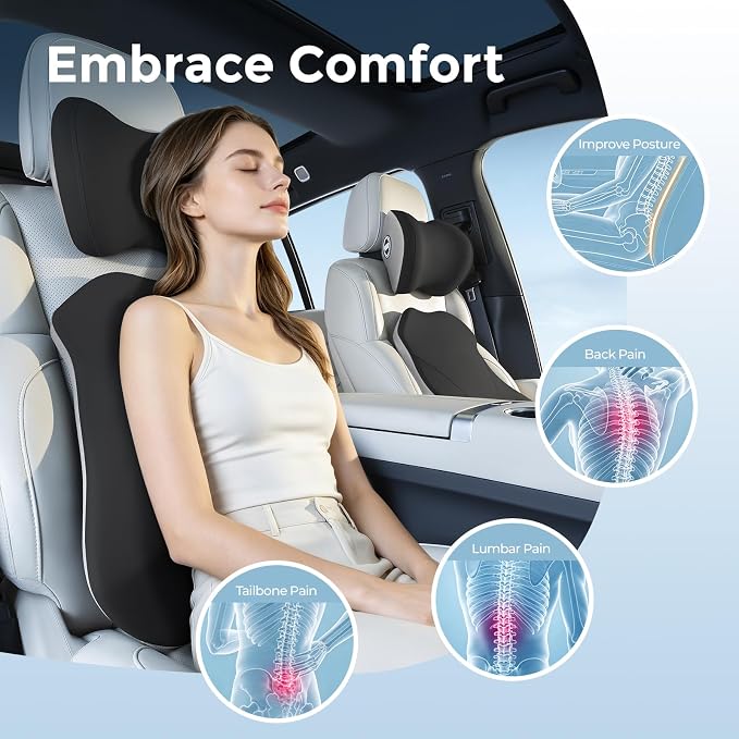Lumbar Support Pillow for Car, Memory Foam Back Cushion for Driving Seat, Truck Accessories Travel Essentials, Back Pain Relief, Washable Cover, Plus Size Lower Back Support Fits Most Cars (Black)