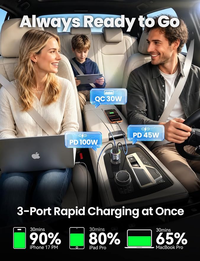 JOYROOM 175W Super Fast Car Charger [GaN] 3-Port Car Charger USB C Fast Charge with USB-C Cable, Car Cigarette Lighter USB Charger for iPhone 17/16/15, Samsung S26/25, Pixel 10, MacBook, iPad and More