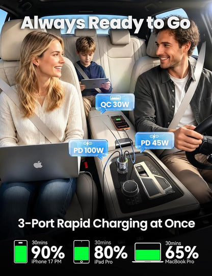 JOYROOM 175W Super Fast Car Charger [GaN] 3-Port Car Charger USB C Fast Charge with USB-C Cable, Car Cigarette Lighter USB Charger for iPhone 17/16/15, Samsung S26/25, Pixel 10, MacBook, iPad and More
