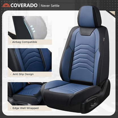 Coverado Car Seat Covers Full Set, Universal Seat Covers for Cars, Car Seat Protector Waterproof, Nappa Car Seat Cushion, Car Seat Covers Front Seats and Back Fit for Most Cars Trucks SUV, Black&Blue