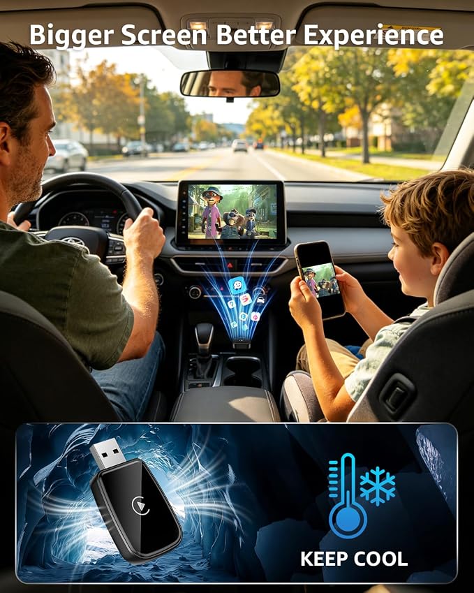 4 in 1 Wireless CarPlay Adapter Car Screen Mirroring Adapter for Apple iPhone& Android, Convert Wired CarPlay to Wireless, Stable Control & No Delay Latency, Plug and Play