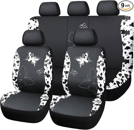 Flying Banner Butterfly car seat Covers ful Set Fashion Universal Lady Woman Female Rear Bench Split Colorized (Full Set - Faux Leather, Cow Print)