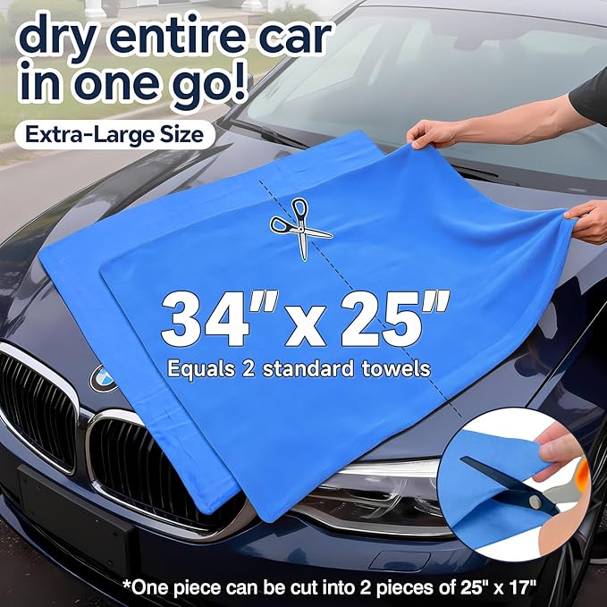 ARTIPOLY Premium Extra Large Shammy Cloth for Car Drying 2pk (34”x25”)-Super Absorbent XL Chamois Towel for Car-Reusable Shammy Towel for Car, Bathroom,Pets, Dust Remove, No Spots/Streak/Scratch