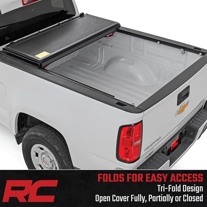 Rough Country Hard Low-Profile Tri-Fold Tonneau Cover for Chevy Colorado & GMC Canyon (2015-2026) - Low-Profile Aluminum Truck Bed Cover, Fits 6' Bed