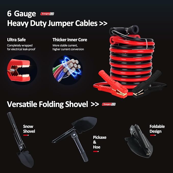 Vetoos Car Roadside Emergency Kit with Jumper Cables, Auto Road Side Safety Kit for Vehicles - with Premium Carry Bag, Repair Tool Set, for Men, Women, Teenagers