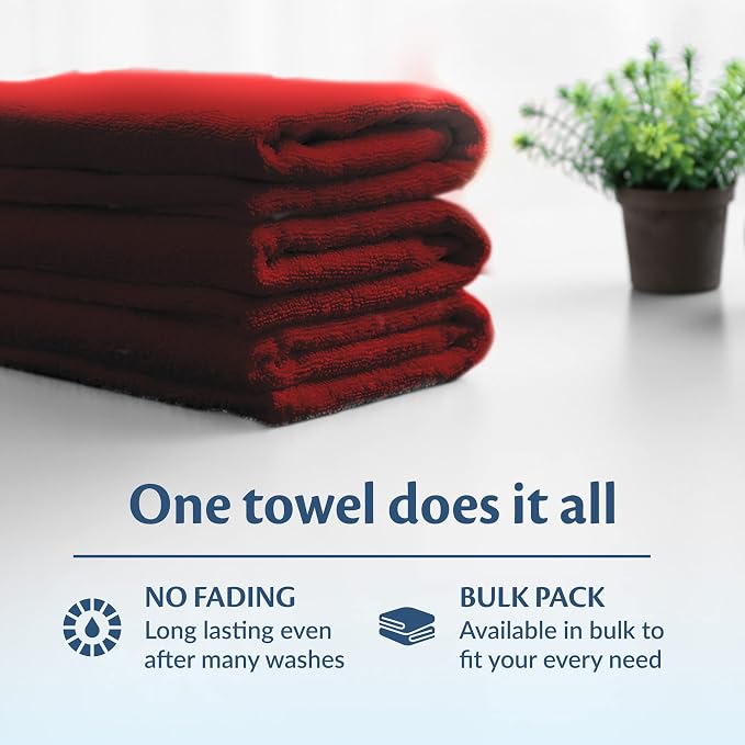 Cotton Towels for Multiple Use, 100% Ring Spun Cotton Towel Set, Heavy Duty - Super Absorbent Cleaning Towels for Car and Home - 16” X 27” (12 Pack, Burgundy)