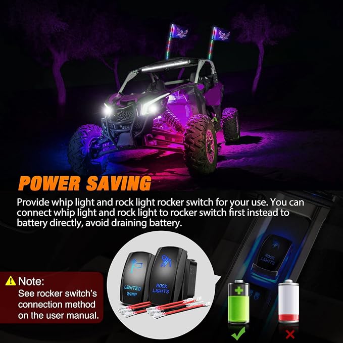 Nilight 2PCS 4FT RGB LED Whip Light and 4 PCS Rock Lights Combo, Remote & App Control w/DIY Chasing Patterns Stop Turn Reverse Safety Antenna Lighted Whips for ATV UTV