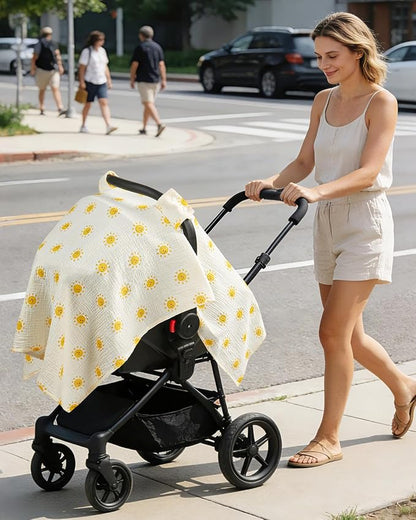 100% Muslin Cotton Car Seat Cover for Baby, Soft Breathable Car Seat Canopy, Universal Infant Carseat Cover Sun Protector, Lightweight Summer Stroller Cover for Boys Girls-Sunlight