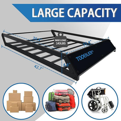 TOOENJOY Roof Rack Cargo Basket, 43’’x 35’’x 4.7’’, Anti-Rust Rooftop Cargo Carrier with Removable Wind Fairing, Universal Car Top Luggage Holder for Car, SUV and Truck, 150 lbs Capacity