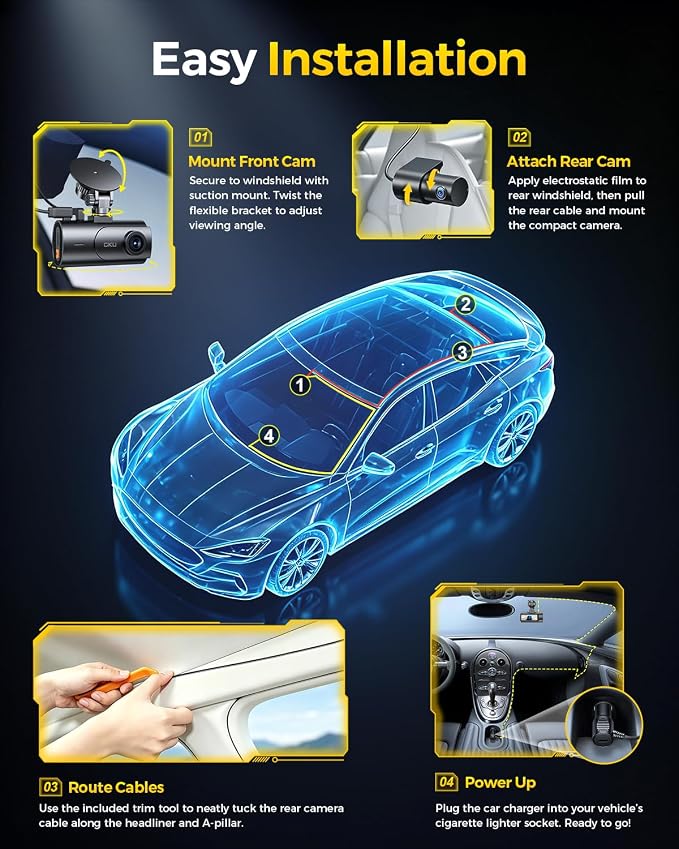 GKU 4K Dual Dash Cam Front and Rear, STARVIS 2 Sensor, 5.8GHz WiFi6 Up to 20MB/s, Voice Control, Dash Camera with GPS, WDR Night Vision, 24H Parking Mode, Loop Recording, Supercapacitor(No SD Card)