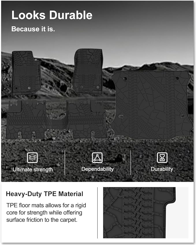 KIWI MASTER Floor Mats & Cargo Mat for 2014-2018 Jeep Wrangler JK 4 Door, OEM Replacement 82213860 82213184, All Weather Car Mats, Heavy Duty TPE Floor Liners, Front & Rear & Trunk Mat Set, Black