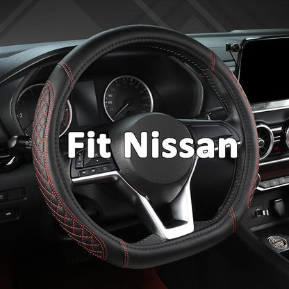 West Llama Flat Bottom Car Steering Wheel Cover for Nissan,D Shaped Steering Wheel Cover for Rogue,Altima,Kicks (Diamond Quilted-Black+Red-Standard Size)