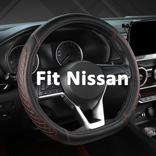 West Llama Flat Bottom Car Steering Wheel Cover for Nissan,D Shaped Steering Wheel Cover for Rogue,Altima,Kicks (Diamond Quilted-Black+Red-Standard Size)