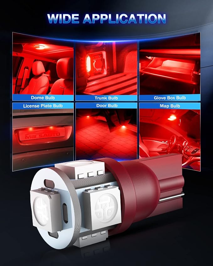 Marsauto 194 LED Bulb Brilliant Red 168 T10 2825 5SMD No Polarity Replacement Bulbs for Car Dome Map Door Courtesy License Plate Dashboard Lights (Pack of 10)