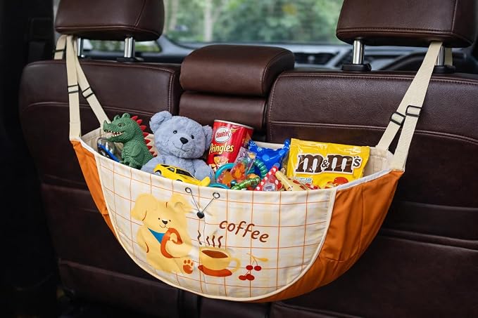 Car Backseat Organizer Bag, 70L Large Hanging Storage for Snacks & Toys, Drawstring Closure, Adjustable Shoulder Strap, Soft Fabric Tote, Coffee Brown (Coffee brown)