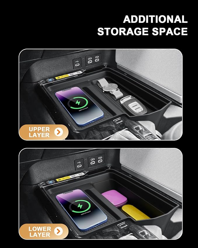 2026 Camry Center Console Organizer - One-piece Molding Center Console Storage Tray & Wireless Charging Area Pad For 2025-2026 Toyota Camry(LE/SE/XLE/XSE) Accessories - Durable ABS & TPE Material