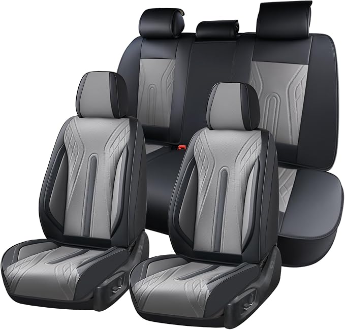 Huidasource Car Seat Covers Full Set, Universal Fit for Most Cars SUV Trucks, Full Coverage Nappa Leather Seat Cover, Airbag, Cupholder Compatible, Velcro Adjustable, Seat Function Retain, Black&Gray