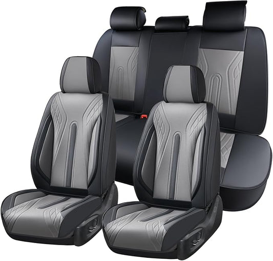 Huidasource Car Seat Covers Full Set, Universal Fit for Most Cars SUV Trucks, Full Coverage Nappa Leather Seat Cover, Airbag, Cupholder Compatible, Velcro Adjustable, Seat Function Retain, Black&Gray