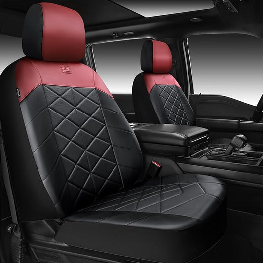 CAR PASS Memory Foam Leather Front Seat Covers, Breathable Perforated Nappa Leather Seat Covers Universal Fit for Cars,SUV,Truck Seat Covers Thick 3D Foam Comfort, Airbag Compatible Black Burgundy Red