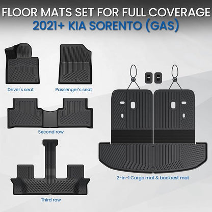 Floor Mats Set for 2021-2024 2025 2026 Kia Sorento Gasoline 6/7 Seats (Not Fit Hybrid), All Weather TPE Backrest Mat Cargo Liner Trunk Mat Accessories, Waterproof and Durable Car Mats