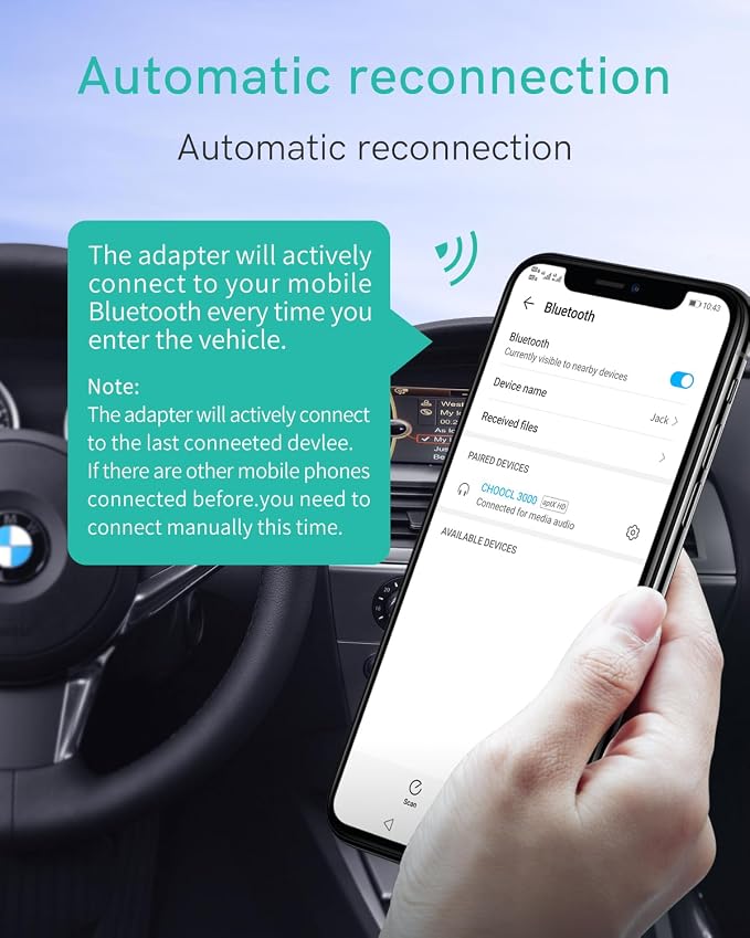 Bluetooth 5.0 aptX-HD Adapter with Y Cable Compatible with BMW CCC/CIC Systems with USB+AUX Interface (3000B)