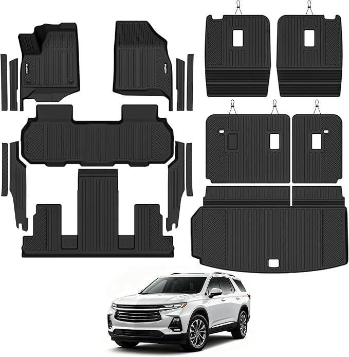 Floor Mats for 2024-2026 Chevy Traverse/2024-2026 GMC Acadia 7 Seat/Captain Seat, Trunk Mat and Backrest Mat & Door Sill Guard All Weather TPE Protector for Chevy Traverse Accessories