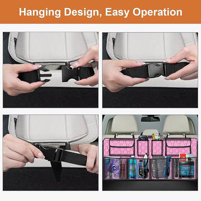 Car Trunk Organizer, Super Capacity Backseat Car Organizer for SUV/Truck/MPV(42"*18"), Hanging Car Storage Organizer with 8 Pocekts, Car Accessories for Women and Men- Pink