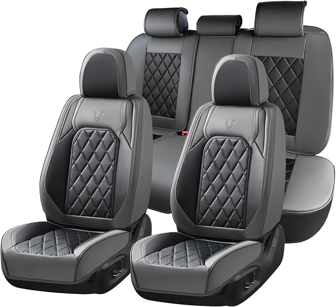 Coverado Seat Covers Full Set, Faux Leather Seat Covers for Car, Waterproof Car Seat Protectors 5 Seats, Automotive Seat Covers Universal Fit for Most Cars SUV Trucks- Gray&Black