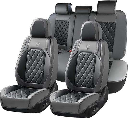 Coverado Seat Covers Full Set, Faux Leather Seat Covers for Car, Waterproof Car Seat Protectors 5 Seats, Automotive Seat Covers Universal Fit for Most Cars SUV Trucks- Gray&Black