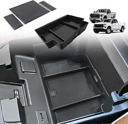 Muslogy Center Console Organizer Compatible with 2022-2026 Chevy Silverado/GMC Sierra 1500, 2024-2026 Silverado & Sierra 2500 3500HD Armrest Storage - Full w/Bucket Seats ONLY(Console Tray&Mats Set)