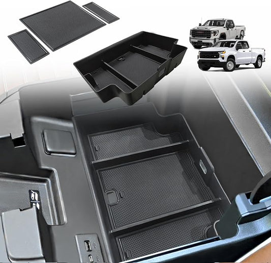 Muslogy Center Console Organizer Compatible with 2022-2026 Chevy Silverado/GMC Sierra 1500, 2024-2026 Silverado & Sierra 2500 3500HD Armrest Storage - Full w/Bucket Seats ONLY(Console Tray&Mats Set)