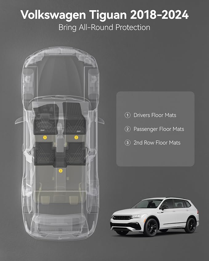 3W Floor Mats Compatible for Volkswagen Tiguan 2018-2024 (Fit 5 Seats), TPE Custom Fit All Weather Floor Liner 1st & 2nd Row Full Set Car Liners, Black