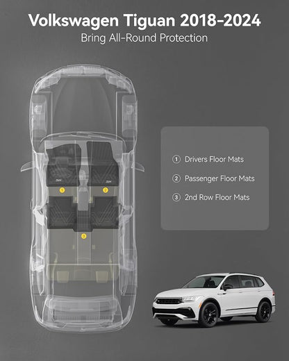 3W Floor Mats Compatible for Volkswagen Tiguan 2018-2024 (Fit 5 Seats), TPE Custom Fit All Weather Floor Liner 1st & 2nd Row Full Set Car Liners, Black