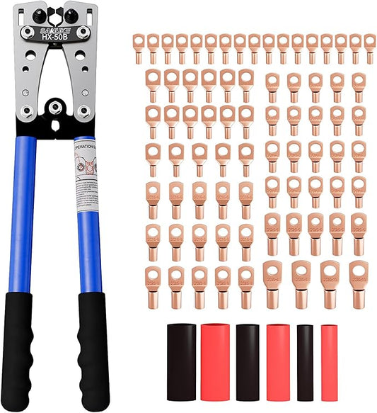 Sanuke Battery Cable Lug Crimping Tool for AWG10-1/0, Wire Crimper with 78pcs Copper Lug Ring Terminal Connectors, 110pcs Heat Shrink Tubing, Electrical Wire Crimping Tool Set