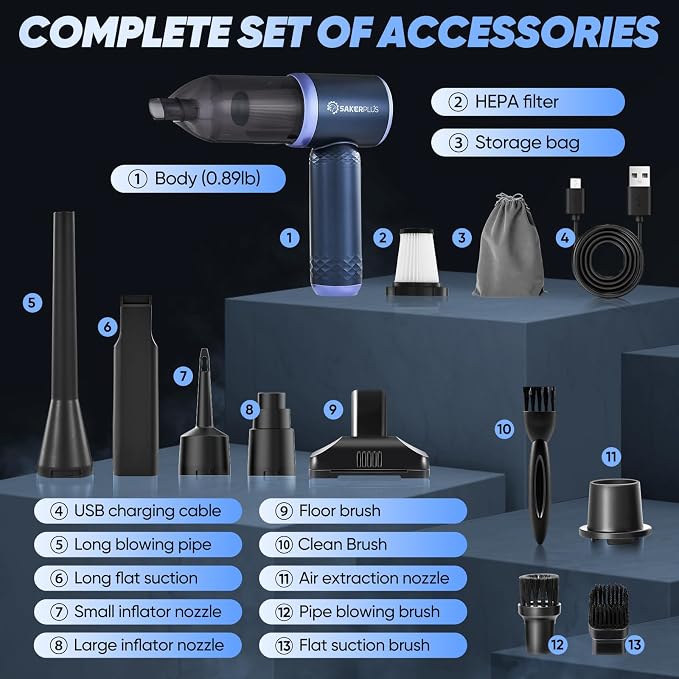 SakerPlus Car Vacuum Cleaner- 3 in 1 Cordless Handheld Vacuum Cleaner, 13000Pa High Power Car Vaccum Cleaner with Brushless Motor,Adjustable Cars Vaccum Portable Cordless for Cars,Desktop-DBS03
