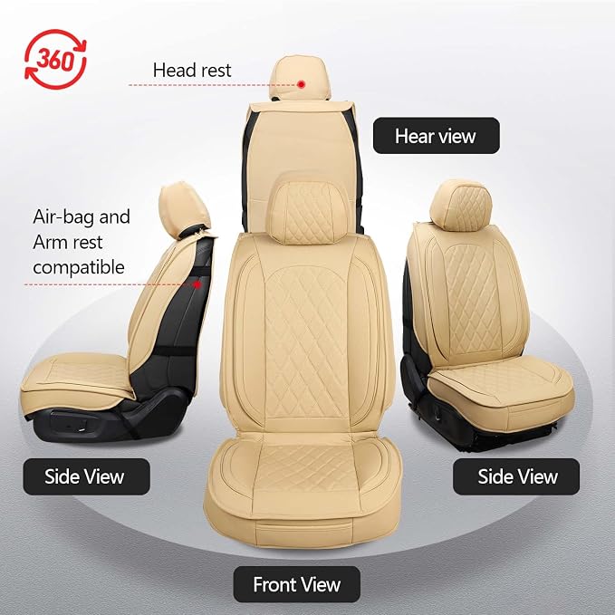 MIROZO Seat Covers Full Set, Leather Car Seat Covers Breathable Car Seat Protector Waterproof Automotive Seat Covers Non Slip Front & Rear Seat Cover Universal Fit for Most Sedan Truck and SUV (Beige)