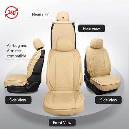 MIROZO Seat Covers Full Set, Leather Car Seat Covers Breathable Car Seat Protector Waterproof Automotive Seat Covers Non Slip Front & Rear Seat Cover Universal Fit for Most Sedan Truck and SUV (Beige)