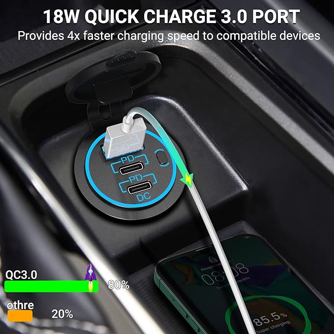 USB C Car Charger Socket 12V USB Outlet 2 Pack,78W RV USB Outlet Dual 30W PD USB-C and 18W QC3.0 Car USB Port with Button Switch Waterproof for Car RV Boat Marine Truck Motorcycle ect