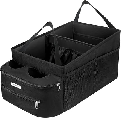 FUNNy elf Passenger Seat Organizer, Collapsible Car Storage with Partitions & 4 Cup Holders for Front or Back Seat