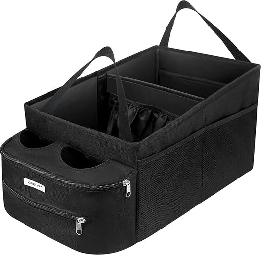 FUNNy elf Passenger Seat Organizer, Collapsible Car Storage with Partitions & 4 Cup Holders for Front or Back Seat