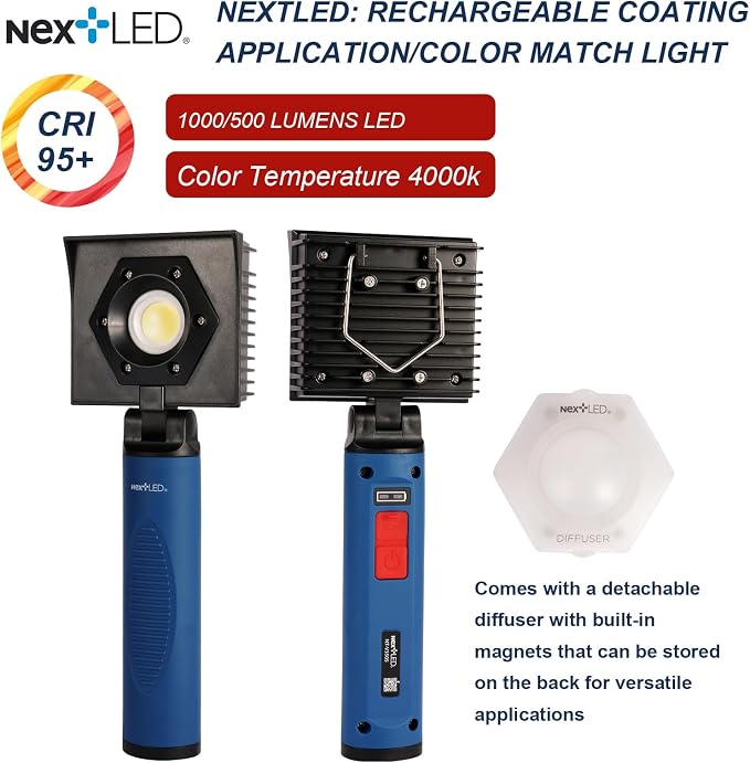 NextLED NT-V3505 Rechargeable Ceramic Coating Light, 1000 LM, CRI 95+, w/Detachable Light Diffuser, for Auto Detailing, Optimal Ceramic Car Coating, Paint Correction Kit, Color Matching Tool