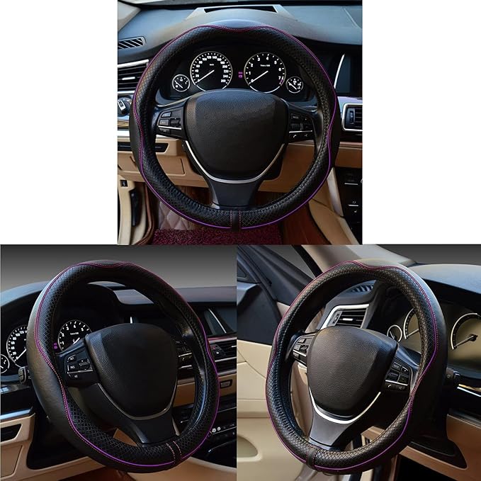 Gomass Car Steering Wheel Cover, Anti-Slip, Safety, Soft, Breathable, Heavy Duty, Thick, Full Surround, Sports Style (Black with Purple line)