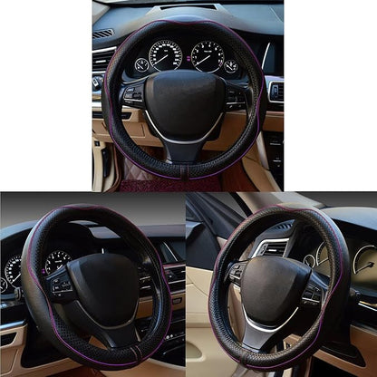 Gomass Car Steering Wheel Cover, Anti-Slip, Safety, Soft, Breathable, Heavy Duty, Thick, Full Surround, Sports Style (Black with Purple line)